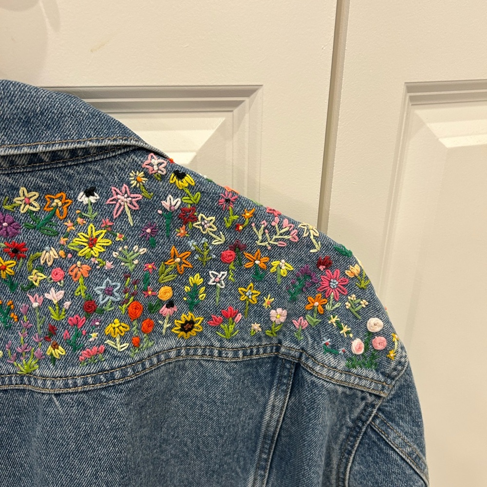 Old Navy Upcycled Denim Jacket with hand embroidered floral pattern large - Picture 5 of 8